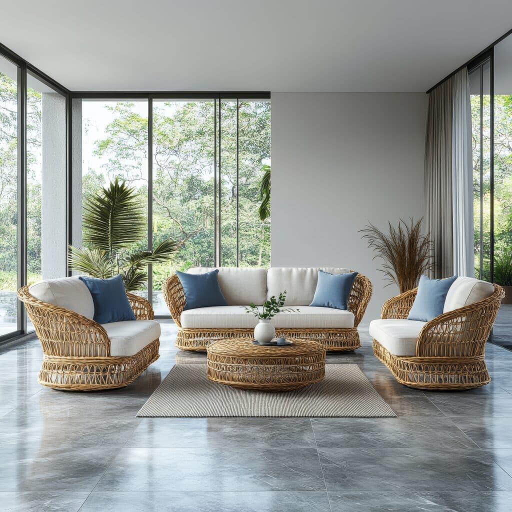 Interior of modern living room with white walls, tiled floor, wicker sofa and round coffee table. 3d render