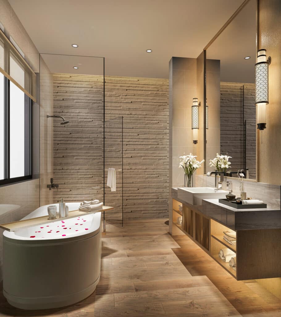 3d rendering modern bathroom with luxury tile decor