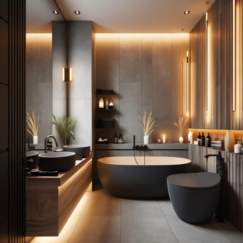 modern bathroom interior with toilet and bath,in gray with wood elements.